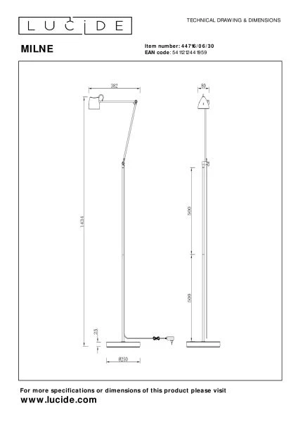 Lucide MILNE - Floor lamp - LED Dim. - 1x8W 2700K - Black - technical